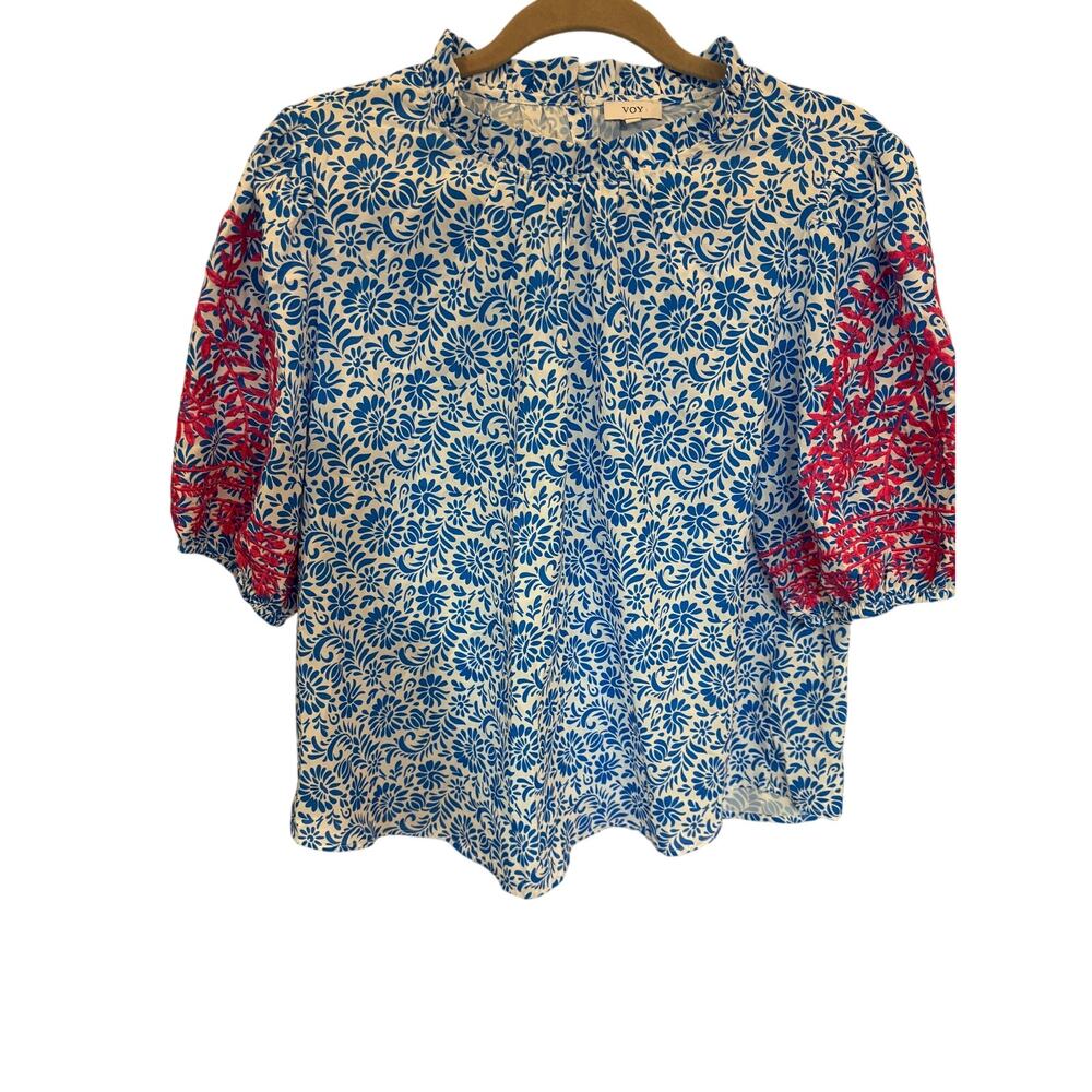 Voy Blue White Floral Embroidered Puff Sleeve Blouse Size M BOHO Cottage